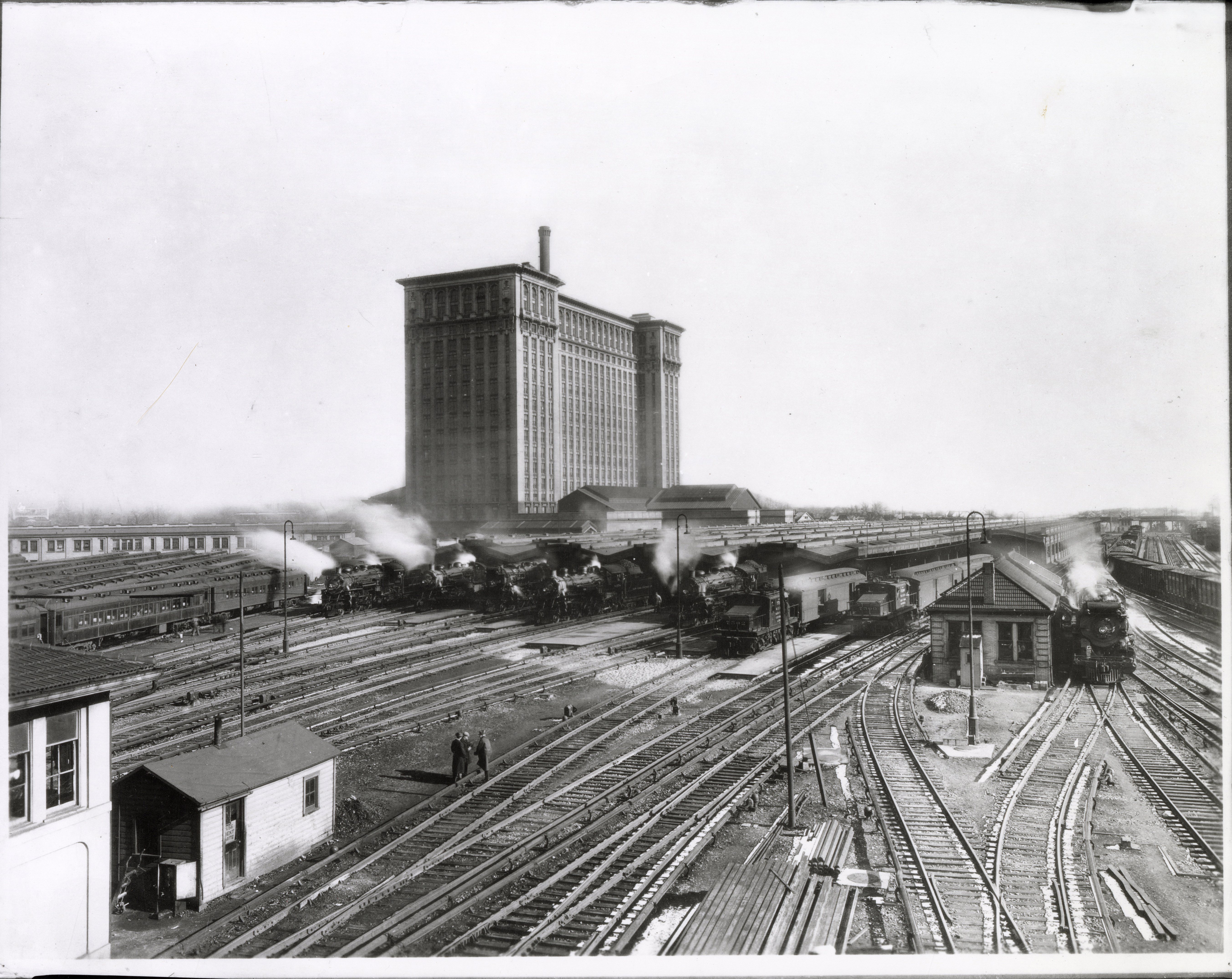 Michigan Central Station, in 1927, with trains preparing to depart. Photo courtesy of Burton Historical Collection, Detroit Public Library.